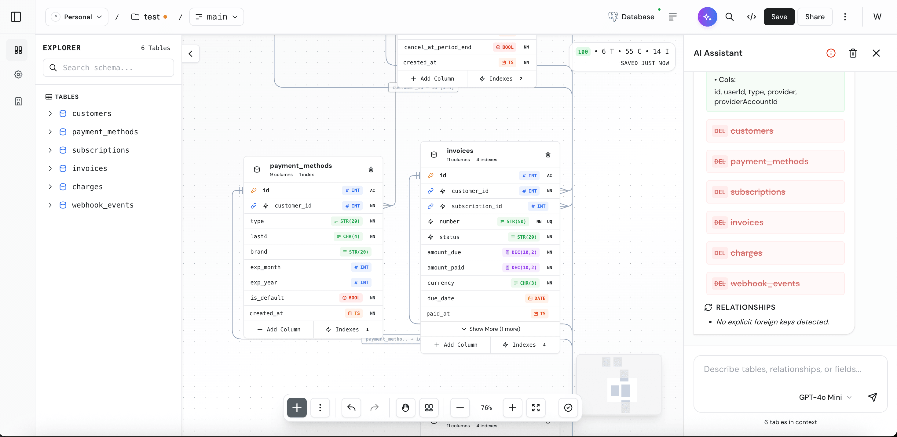 Fluxstack dashboard - Visual database schema designer showing database tables, relationships, and schema design interface